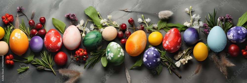 Colorful Easter Eggs and Flower Frame on empty Blank Banner with Copy Space for Text Colorful Easter Eggs and Flower Frame on empty Blank Banner with Copy Space for Text