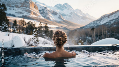 Young  woman resting in hot tub with view on mountains in winter photo