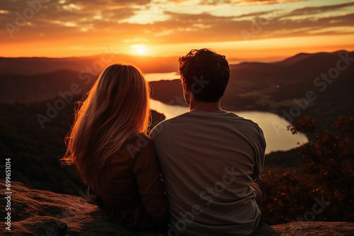 AI generated image photo of married people enjoying romantic moment evening sunset in mountain