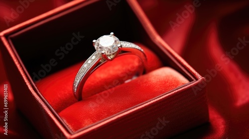 love concept - close up of red gift box with diamond engagement ring © suphakphen