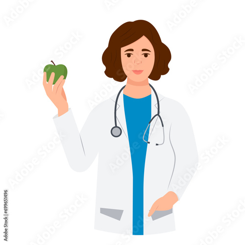 Female doctor holds an apple.Proper nutrition, vitamins, healthy diet, recommendation for perfect teeth. Vector illustration