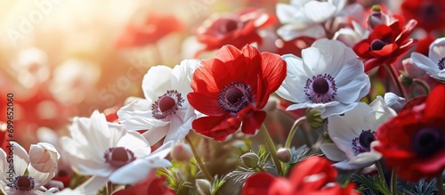Spring garden blossoms with red gradient anemone flowers. photo