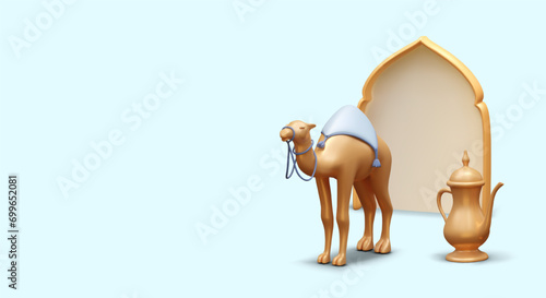 Saddled 3D camel near Arabian arch, tall teapot. Horizontal poster in oriental style. Illustration with metallic effect. Place for text. Concept of Arabic culture and traditions photo