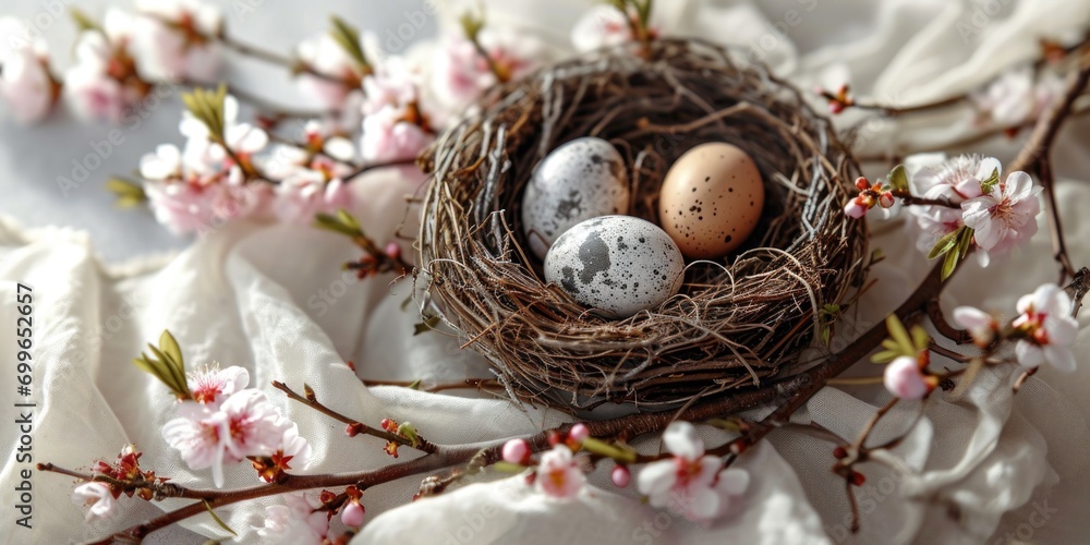 A bird nest with three eggs in it. Natural traditional low impact eco friendly Easter decor A bird nest with three eggs in it. Natural traditional low impact eco friendly Easter decor
