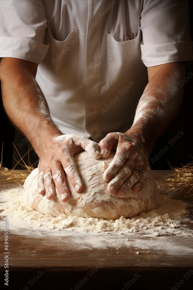 Close-up of hands kneading fresh bread dough with ample space for text Vertical Photo