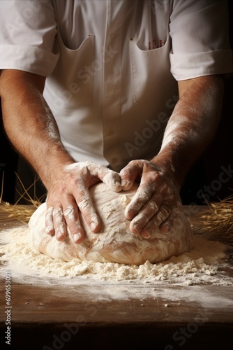 Close-up of hands kneading fresh bread dough with ample space for text Vertical Photo