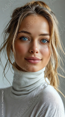 jeune femme blonde aux yeux bleus avec les cheveux attachés portant un pullover à col roulé en laine blanc