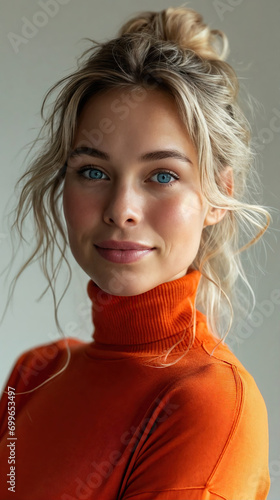 jeune femme blonde aux yeux bleus avec les cheveux attachés portant un pullover à col roulé en laine orange photo