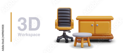 Workplace concept. Cabinet with table top, office chair, stool. Assortment of furniture for modern interior. Comfortable models for work and leisure. Smooth and ergonomic shapes