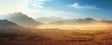 Majestic landscape of sand sun and rocky peaks at sunset. Golden horizons. Panoramic view of arid desert bathed in warmth of setting sun. Endless sands. Journey vast and serene at dusk