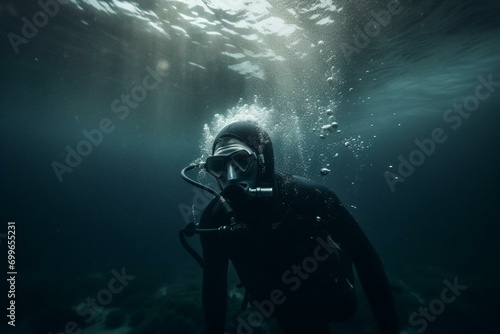 A diver exploring beneath the surface of the ocean. Generative AI