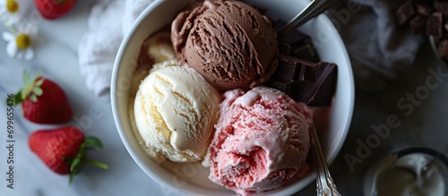 DIY Neopolitan ice cream - vanilla, chocolate, and strawberry. photo