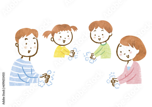 手を洗っている家族４人の手描きイラスト