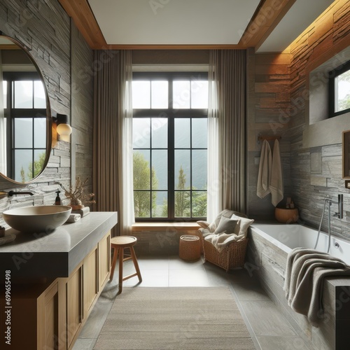 stone and earth toned bathroom, comforting, include gray stone and window view