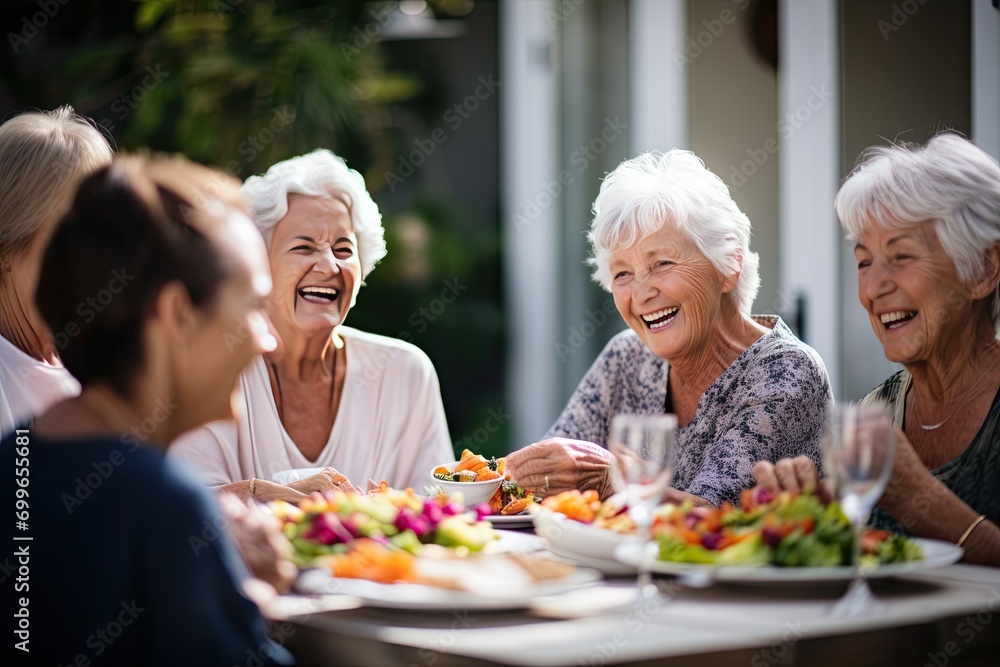 Senior women having lunch outdoors on a celebration and spending time together