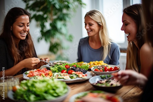 Young happy women friends eating healthy food and laughing at the festive table