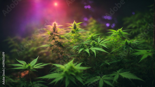 The hemp bush is used in medicine, under multi-colored light. generative AI