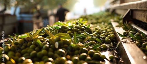 Continuous olive feed for extracting extra virgin olive oil in small-scale production facility. photo