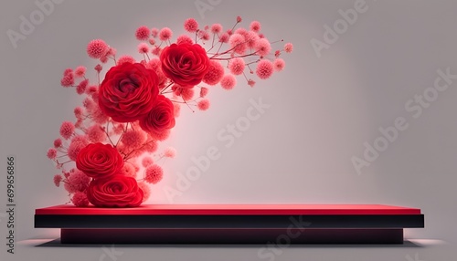 Product display dais with red flowers