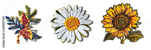 Embroidered patch sticker flowers set on transparent background