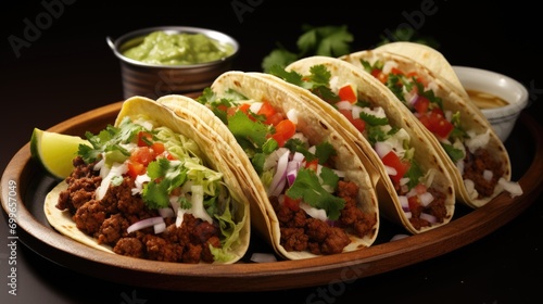 Three tacos on a plate with a side of guacamole.