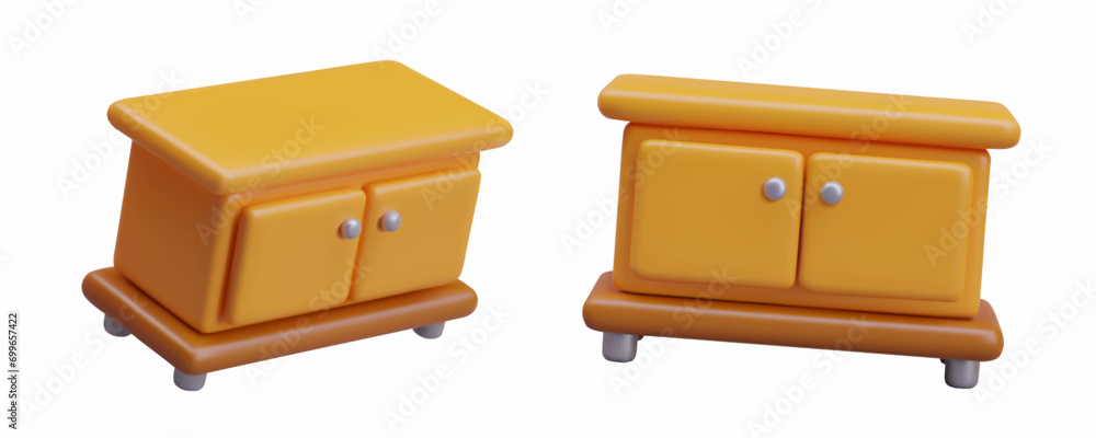 Small bedside table in different positions. Bedroom furniture. Set of illustrations in cartoon style. Low model with two doors. Image for online store, interior decoration game Small bedside table in different positions. Bedroom furniture. Set of illustrations in cartoon style. Low model with two doors. Image for online store, interior decoration game