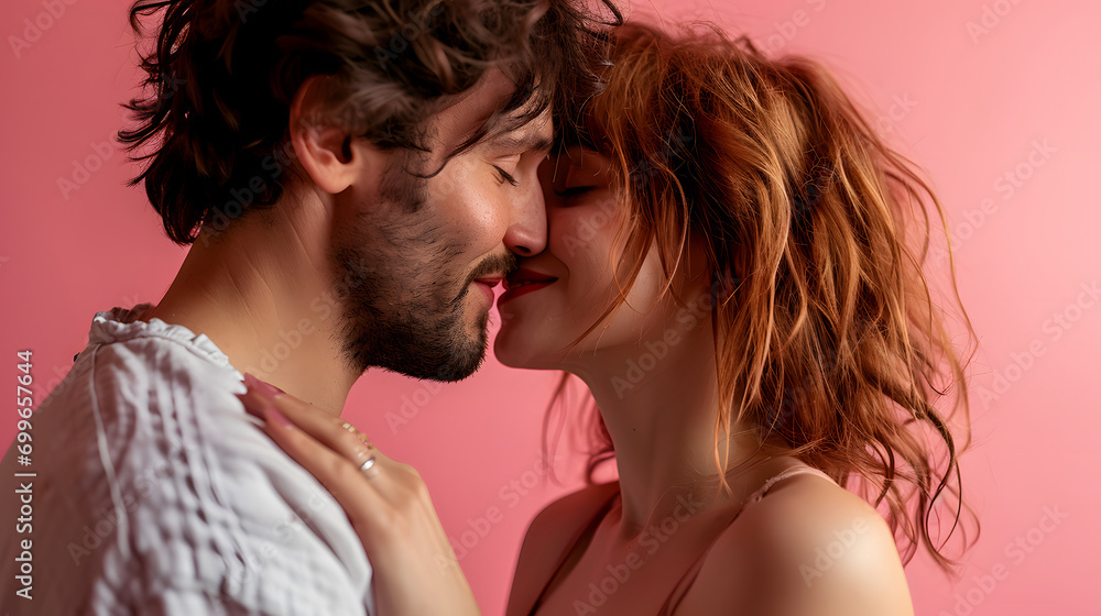 couple kissing, pink background copy space, valentine's day concept