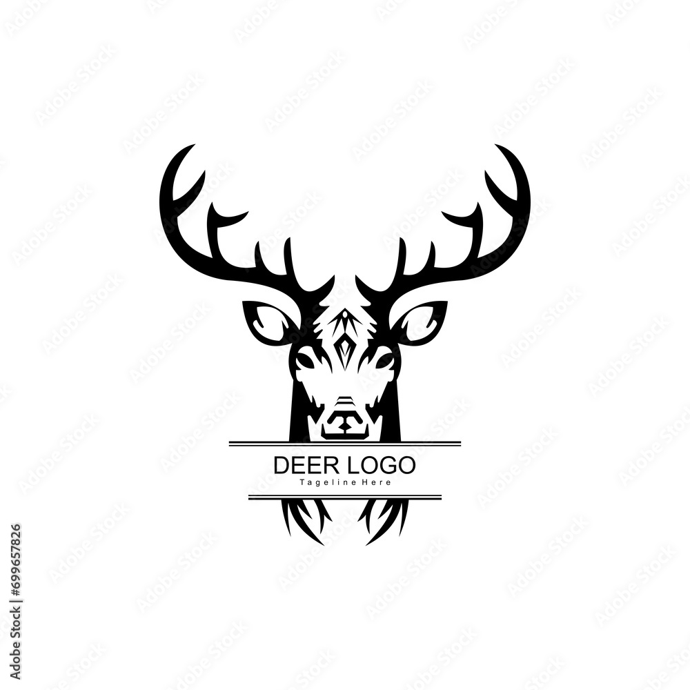 logo design with the shape of a deer's head combined with the word, suitable for adventure brands, hunting and butcher shops. logo design with the shape of a deer's head combined with the word, suitable for adventure brands, hunting and butcher shops.