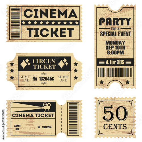 set of vintage tickets isolated on white background