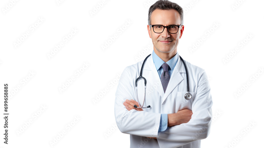 Portrait of smiling male doctor posing with folded arms isolated on transparent background,PNG image. Portrait of smiling male doctor posing with folded arms isolated on transparent background,PNG image.