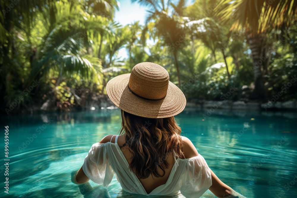 Generative AI portrait of beautiful landscape summer paradise exotic island traveler joy
