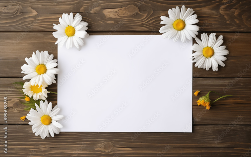 Obraz premium Happy Birthday, Valentine's day blank paper card on white wooden background. Greeting card, invitation or letter. Flat lay, top view, copy space. Mockup for text or picture