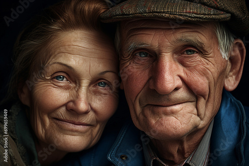 AI generated close up photo of happy old couple isolated on dark backdrop