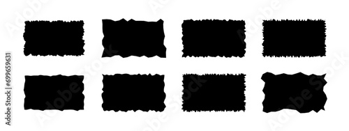 Rectangles paper with roughly torn edges. Jagged geometric shapes for stickers, tags and labels. Isolated vector illustration on white background.