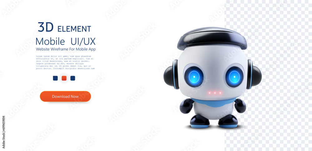 Adorable High-Tech Companion: Blue-Eyed Robot with a Friendly Smile on Transparent Background. Chat Bot neural network, AI servers and robots technology. 3d vector illustration Adorable High-Tech Companion: Blue-Eyed Robot with a Friendly Smile on Transparent Background. Chat Bot neural network, AI servers and robots technology. 3d vector illustration