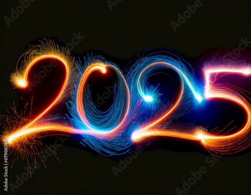 The year 2025 as a light painting in bright neon-coloured numbers