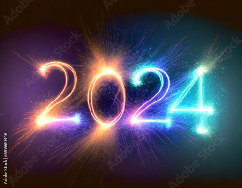 The year 2024 as a light painting in bright neon-coloured numbers
