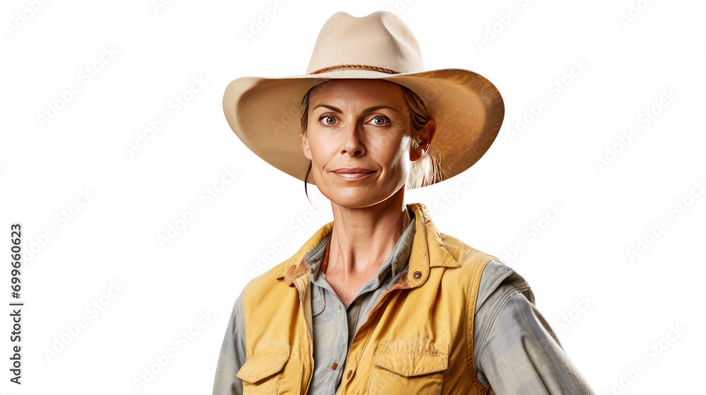 female farm owner looking at the camera isolated on transparent background,PNG image.