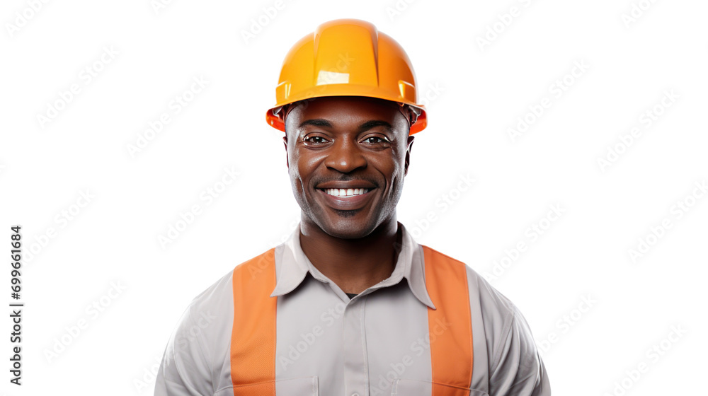 African American engineer smiling looking at camera isolated on transparent background,PNG image. - obrazy, fototapety, plakaty 