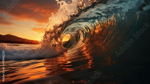 Sunrise reflection of wave, ocean and white cloud,