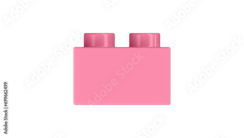 Flamingo Pink Lego Block Isolated on a White Background. Close Up View of a Plastic Children Game Brick for Constructors, Side View. High Quality 3D Rendering with a Work Path. 8K Ultra HD, 7680x4320