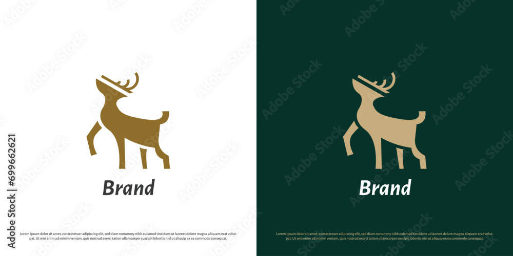 Standing deer logo design illustration. Animal silhouette deer full body brave doe elk ruminant hart zoo hunter club. Simple flat icon symbol, modern abstract drawing elegant luxury glamour mascot. - obrazy, fototapety, plakaty 