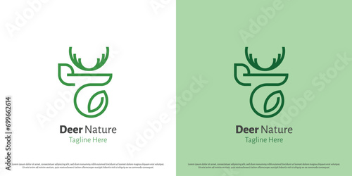 Deer leaf logo design illustration. Silhouette animal mascot deer nature leaf tree green plant antlers head. Simple icon symbol minimal minimalist creative abstract nature modern zoo elegant art.