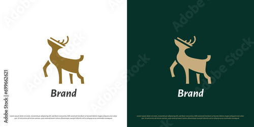 Standing deer logo design illustration. Animal silhouette deer full body brave doe elk ruminant hart zoo hunter club. Simple flat icon symbol, modern abstract drawing elegant luxury glamour mascot.