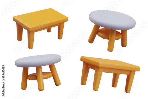 Rectangular and round table. Furniture with different table tops. Models for living, dining room, restaurant, cafeteria, bar. Empty surface, mockup. Templates for creative serving, advertising
