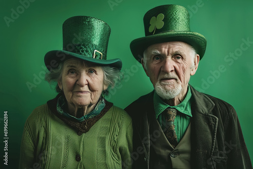 hombre y mujer senior llevando sombrero de copa verde típico de la fiesta de San patricio y ropa en tonos verdes, sobre fondo verde