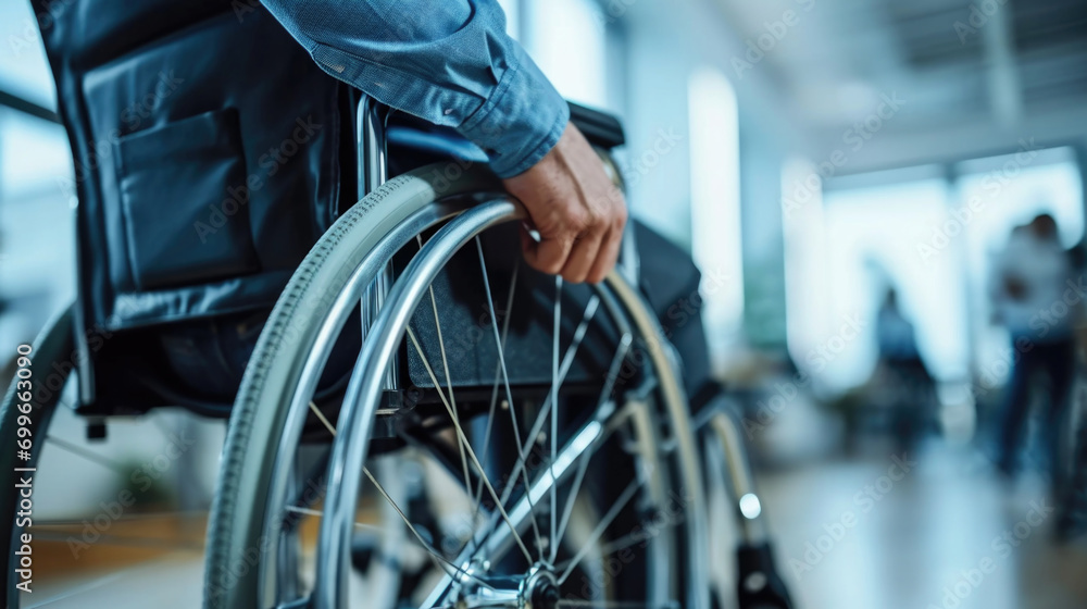 Obraz premium Resilient wheelchair user embraces life with grace and determination.