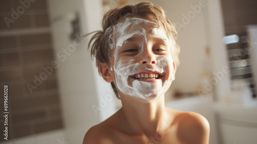 Playful child with face cream in bathroom, enjoying skincare.