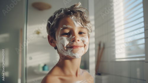 Happy kid enjoys using cream, bathroom skincare play.