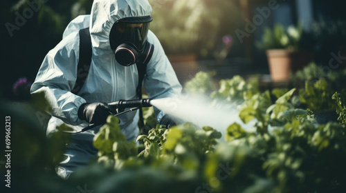 Worker in protective suit sprays plants with pesticides methodically.